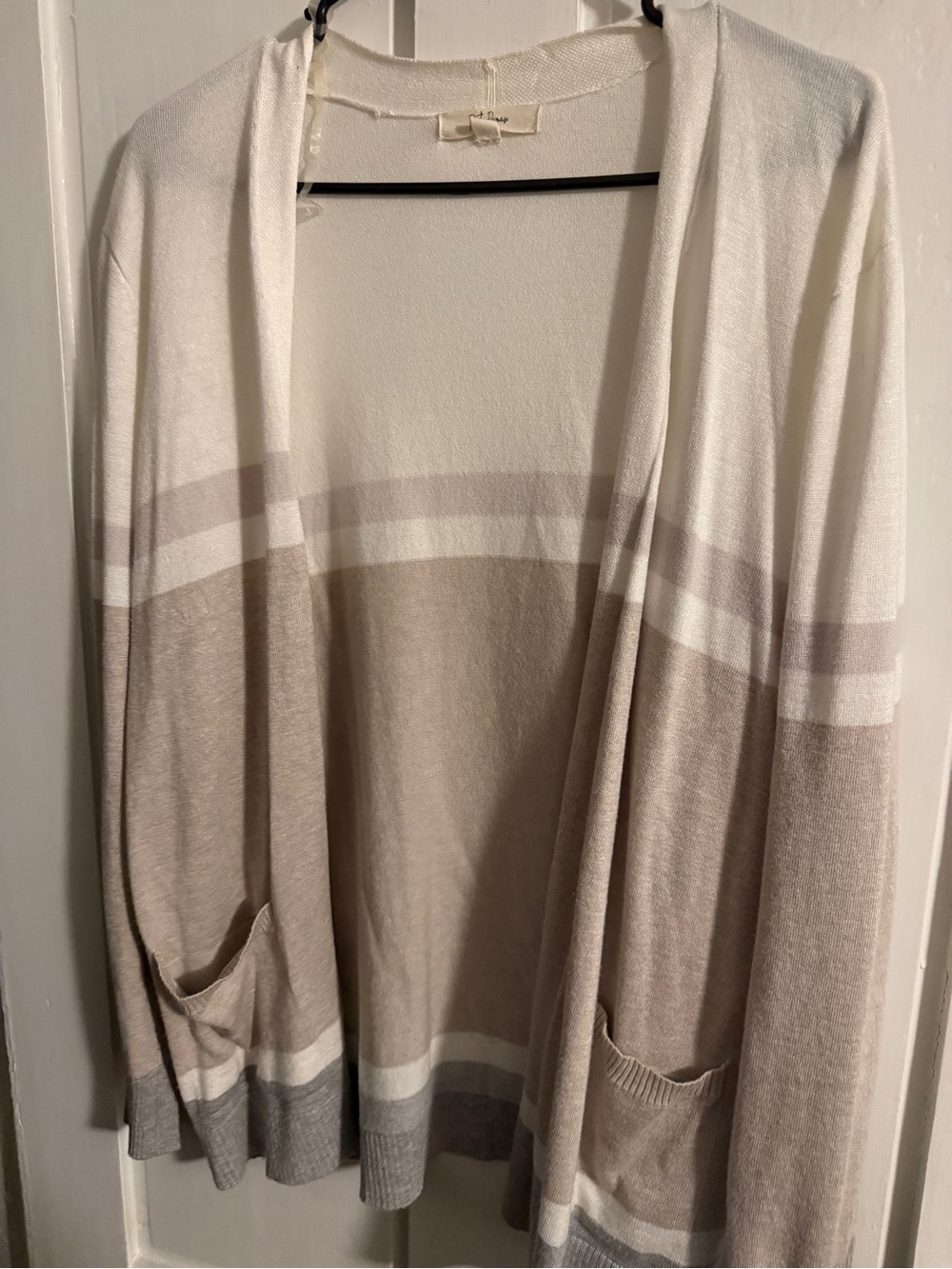 Women’s Open Front Striped Cardigan Sweater - Cream & Taupe